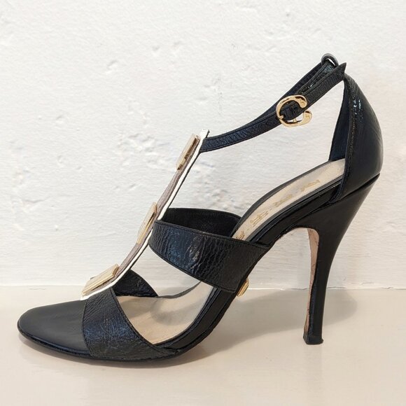 LAMB Lightning Bolt Black & Gold Metal Embellish T Strap Stiletto Sandals, 7/7.5 - Picture 11 of 16